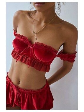 Deep Red Velvet Off-Shoulder Ruffle crop top